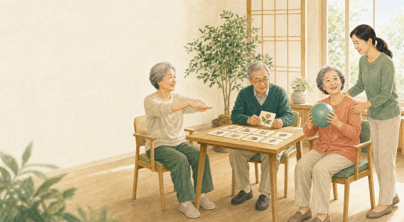 밝은 교실에서 어르신 세 분과 돌봄 선생님이 함께 인지 활동을 하는 모습